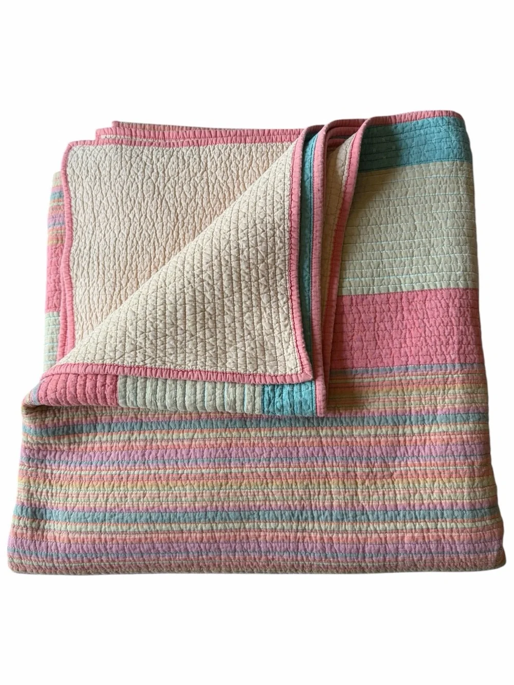 Martha Stewart Collection Reversible Full Queen Quilt Pink Blue Stripe Cotton